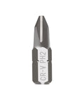Close-up of a single bit from the 30 Piece PH2 Phillips Bit Set For Impact Drivers, 1 Quarter Inch Hex Shank, Chrome Vanadium Steel.