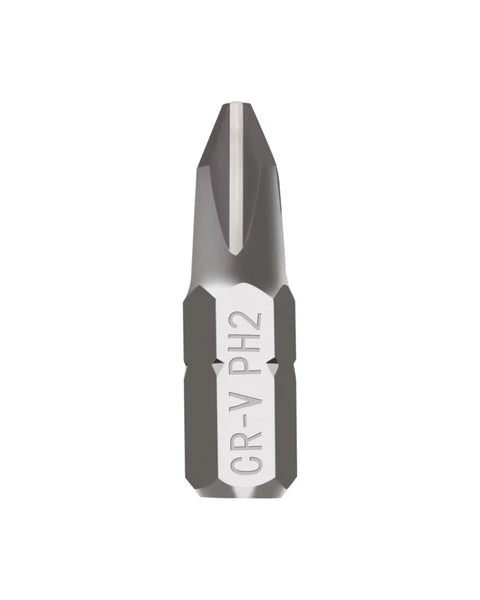 Close-up of a single bit from the 30 Piece PH2 Phillips Bit Set For Impact Drivers, 1 Quarter Inch Hex Shank, Chrome Vanadium Steel.