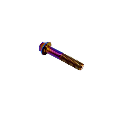 Burnt Blue Titanium Flanged Hex Head Bolts M6 x 1.0 x 25mm Pack Of 5, 6AL4V Aerospace Grade Ti Fasteners, visible single bolt view.