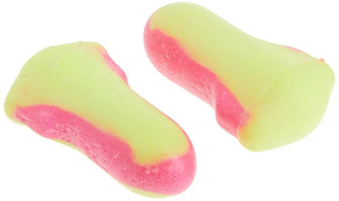 Laser Lite High Visibility Disposable Foam Earplugs Pink And Yellow 200 Pair Pack NRR 32 Self Adjusting Comfort Fit close-up view