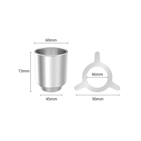 Minimalist Silver Finish Pour Over Coffee Dripper With Solid Metal Base Compact Paperless Reusable Filterless Brewer For Baristas And Home Kitchens Dead Simple Daily Routine, showing dimensions of stainless steel cup and stand.