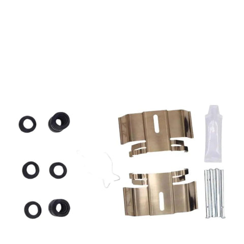 Upgrade Your Ride With This Solid Rear Brake Pad Fitting Kit That Snaps Right In Perfect For Older Cars From 2000 To 2006 Makes Getting Back On The Road Easy Without The Hassle Or High Cost Of Messy Repairs For Sedans And Coupes. rear brake pad hardware kit with steel clips, rubber seals, and pins