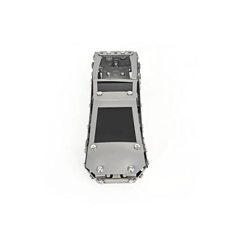 Top view of assembled Stainless Steel Model Car Kit For Adults A Do It Yourself 3D Puzzle And Mechanical Engineering Toy That Feels Gearhead Vibe Sparks Hands On Skill Building From Nuts And Bolts To Spatial Reasoning A Collectible STEM Project For Kids Teens And Men showing metallic detail and bolts.