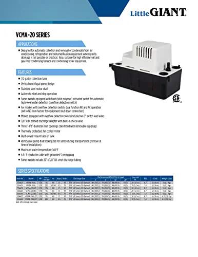 Front view of Little Giant VCMA-20 condensate pump, white top and black base, displayed with spec sheet