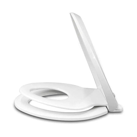 Side view of Elongated Toilet Seat With Built In Toddler Seat Slow Close Fits Adult And Child Potty Training Ready Plastic White