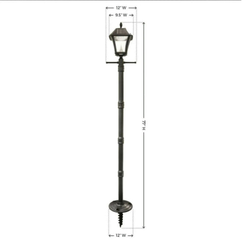 Baytown II Outdoor Solar Lamp Post with EZ Anchor Kit, Black Finish, shown in full length with dimensions.