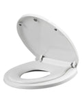 Heavy Duty Universal Toilet Seat And Lid With Drop Dead Smooth Soft Close Drop Down And Quick Release Hinges in white open view.