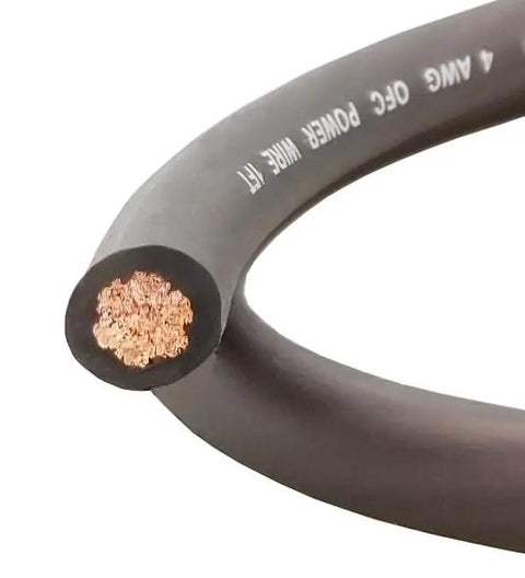 Close-up of a 4 Gauge 100 Percent Oxygen Free Copper OFC Amplifier Wiring Kit cable for car audio installations.