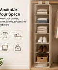 6 Shelf Hanging Closet Organizer With Durable Canvas Storage For Shoes Clothes And Accessories Beige Wardrobe Shelving with clothes and shoes.