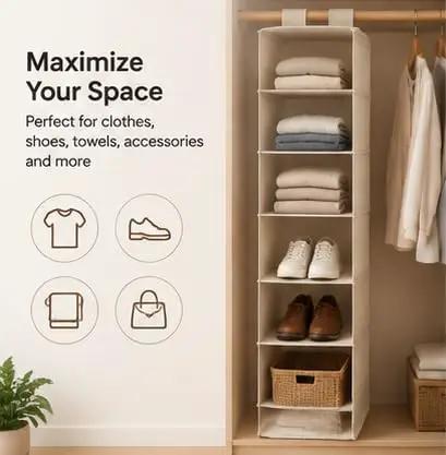 6 Shelf Hanging Closet Organizer With Durable Canvas Storage For Shoes Clothes And Accessories Beige Wardrobe Shelving with clothes and shoes.