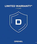 Dremel limited warranty badge with 2-year warranty on blue background