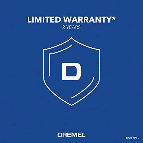 Dremel limited warranty badge with 2-year warranty on blue background