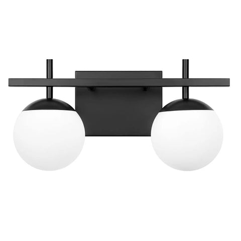 Two Light Black Vanity Light Fixtures With White Frosted Glass Globes Modern Mid Century Wall Sconces For Bathroom