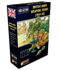 British Army World War II 28mm Bolt Action Weapons Teams Miniatures Set box featuring artwork of WWII soldiers and weapons.