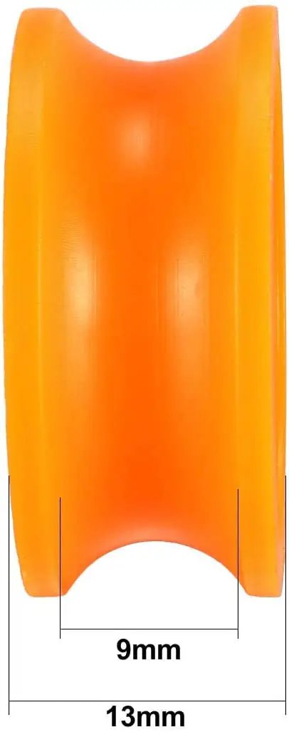 Dead Reliable 2 Pack V Groove Bearing Pulley Rail Ball Wheel with heavy duty steel bearings, orange, 9mm groove width, 13mm thick.