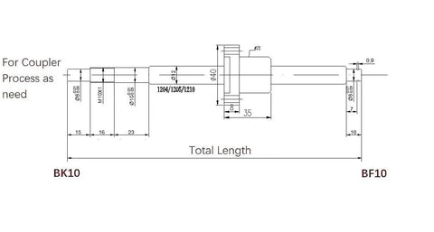 Technical diagram of 12mm AntiBacklash Ballscrew Kit SFU1204 RM1204, 500mm Long with 4mm Lead, showing dimensions and BK BF10 supports.
