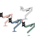 Premium Versatile Mechanical Wall Monitor Mount With Smooth Ball Joint Design For Heavy Display Screen Support And Badass Ergonomic Gaming Desk Setup Solution in pastel colors.