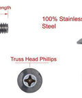 Side view: stainless steel truss head Phillips machine screw, 1/4-20 UNC, 1/2 in length, full thread, 304 stainless