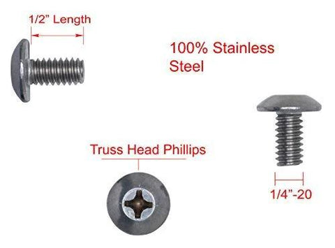 Side view: stainless steel truss head Phillips machine screw, 1/4-20 UNC, 1/2 in length, full thread, 304 stainless