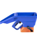 Side view of blue Handheld Grass Seed And Fertilizer Spreader For Lawns And Driveways Lightweight And Corrosion Resistant