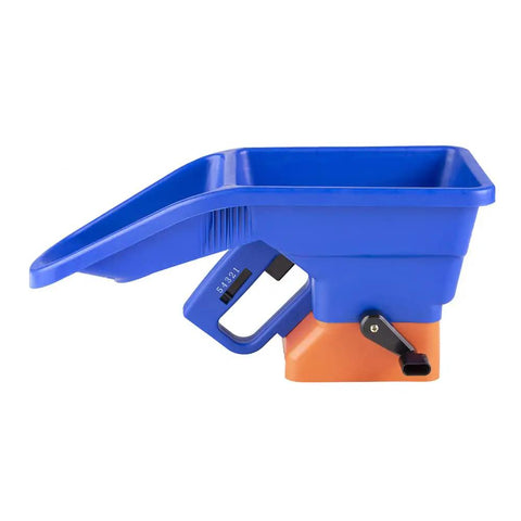 Side view of blue Handheld Grass Seed And Fertilizer Spreader For Lawns And Driveways Lightweight And Corrosion Resistant
