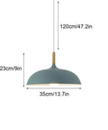 Modern Nordic Style Hanging Lamp Fixture Featuring Solid Wood Accents And Durable Iron Base Super Sleek Green Metal Shade, 120cm height.
