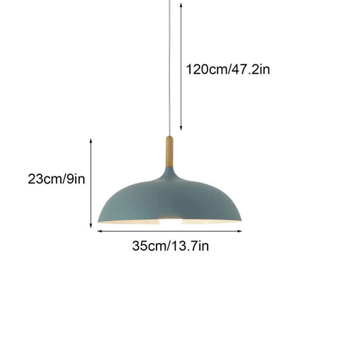 Modern Nordic Style Hanging Lamp Fixture Featuring Solid Wood Accents And Durable Iron Base Super Sleek Green Metal Shade, 120cm height.