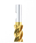 End mill front view; tin-coated HSS finishing with gold spiral flutes and silver shank