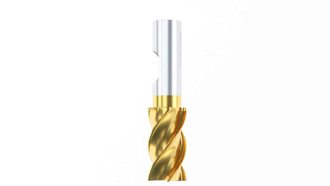 End mill front view; tin-coated HSS finishing with gold spiral flutes and silver shank