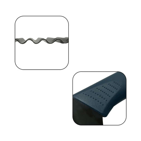 Potato veggie crinkle cutter with wave blade for crinkle fries; blue textured handle.