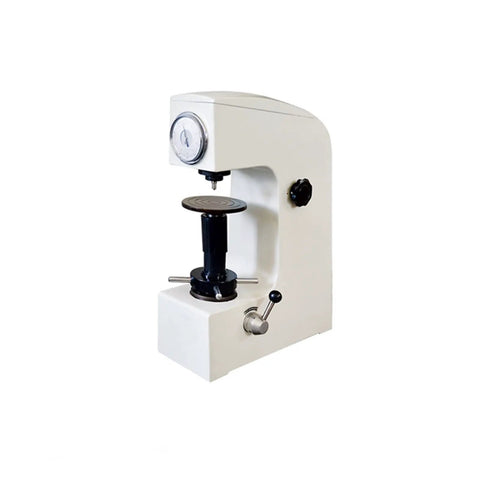 Workhorse Manual Rockwell Hardness Tester Machine For Metal Analysis Dial Direct Readout Desktop Testing Rig High Precision Industrial Hardness Gauge with a black and white design.