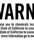 Product warning label for chemical exposure risks, including Nickel Acetate and Toluene, with California Proposition 65 reference.