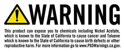 Product warning label for chemical exposure risks, including Nickel Acetate and Toluene, with California Proposition 65 reference.