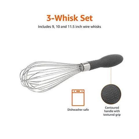 Stainless Steel Balloon Whisk Set 3 Piece With 9 Inch 10 Inch And 11.5 Inch Sizes Easy Grip Ergonomic Handle Dishwasher Safe Black And Silver Kitchen Whisk Trio