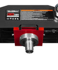 Beefy 30 Ton H Frame Air Hydraulic Shop Press With Hand Winch And Pin Kit steel frame close-up view with foot pedal control