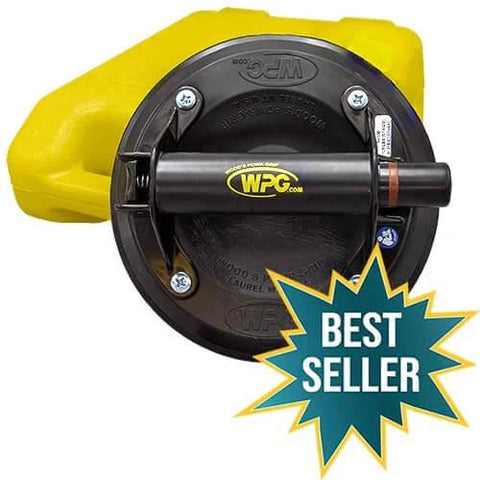 Heavy-Duty Workhorse 8 Inch Flat Vacuum Cup With ABS Handle for lifting, black cup with yellow case, "Best Seller" badge