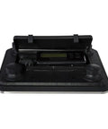 Heavy Duty Digital Shipping Scale With Six Hundred Sixty Pound Load And Smooth Stainless Steel Platform For Real Deal Accurate Parcel Weighing Plus Straight Up LCD Readouts, top view of scale with lid open.