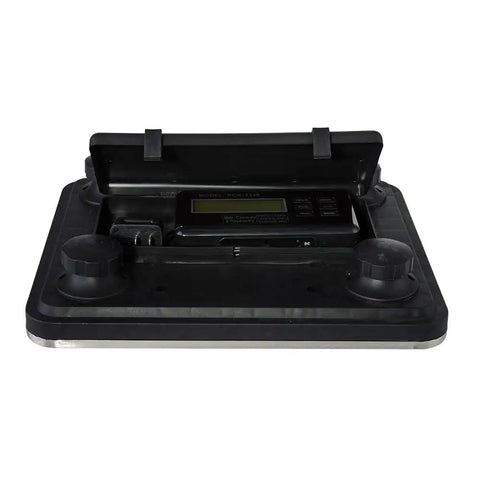Heavy Duty Digital Shipping Scale With Six Hundred Sixty Pound Load And Smooth Stainless Steel Platform For Real Deal Accurate Parcel Weighing Plus Straight Up LCD Readouts, top view of scale with lid open.