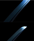 Close-up of Blue Dragonfly Wakizashi Samurai Sword Combat Ready High Carbon Steel blade with blue electroplating