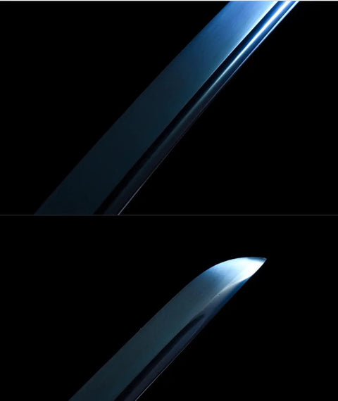 Close-up of Blue Dragonfly Wakizashi Samurai Sword Combat Ready High Carbon Steel blade with blue electroplating