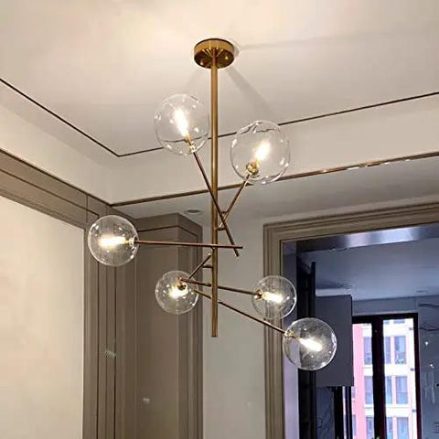Modern Six Head Glass Pendant Ceiling Light With Warm White Bubble Shades And Brushed Chrome Frame in a stylish modern interior setting.