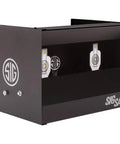 Dual Shooting Gallery Airgun Target With Knockdown Reset, all metal pellet trap system, front view showing Sig Sauer logo, rugged gear