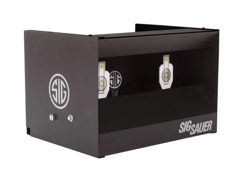 Dual Shooting Gallery Airgun Target With Knockdown Reset, all metal pellet trap system, front view showing Sig Sauer logo, rugged gear