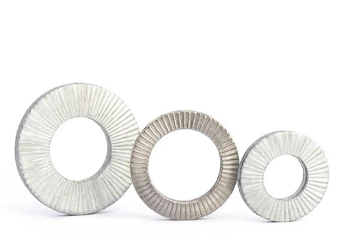 Self Locking Belleville Washers For Auto, Heavy Duty Industrial Machinery, And Construction Equipment, Double Layer Anti Loosening, Vibration Resistant Locking Fasteners In 1 Inch Size, Choose Stainless Steel Or Dacromet Coating, three sizes