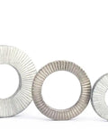 Heavy-Duty Double Layer Self-Locking Belleville Washers For Irreversible Friction And Rock-Solid Bolts, Anti-Loosening, Vibration-Resistant Fasteners For Automotive, Industrial Machinery, Construction Equipment, Stainless Steel Or Dacromet Coated. three metal washers in assorted sizes