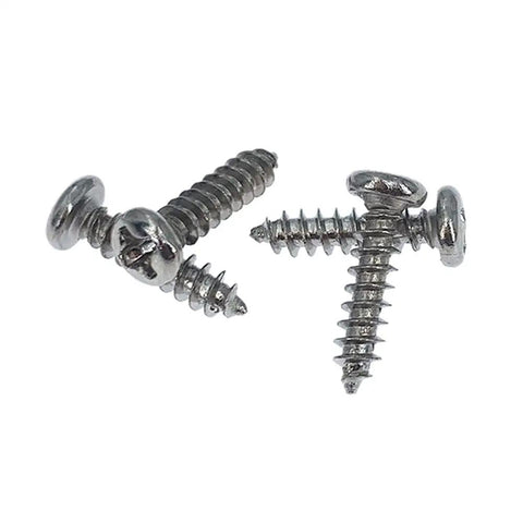 Close-up of four metal screws used in PCB DIN Rail Mount Carrier For 35mm Wide Rails Fits 100mm By 72mm Circuit Boards 1.5-2.0mm Thick Easy Install And Detach Panel Mountable Go-To PCB Holder For Electronics Projects.