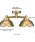 Two Light Semi Flush Mount Ceiling Fixture With Industrial Metal Shade Vintage Inspired Modern Style Lighting For Living Room Hallway Loft Kitchen And Bathroom Close To Ceiling Mount Easy Install with brass bowl shades and measurements labeled.