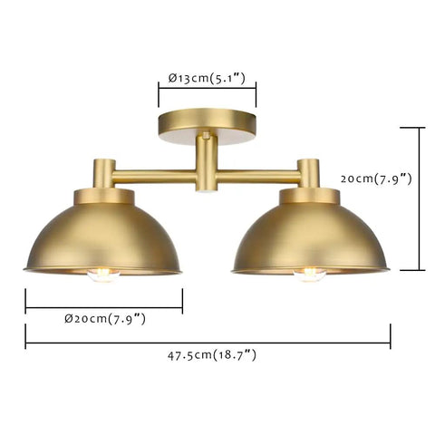 Two Light Semi Flush Mount Ceiling Fixture With Industrial Metal Shade Vintage Inspired Modern Style Lighting For Living Room Hallway Loft Kitchen And Bathroom Close To Ceiling Mount Easy Install with brass bowl shades and measurements labeled.