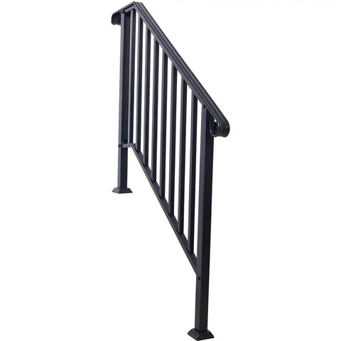 Top Shelf Three Step Outdoor Handrail, Black Metal Stair Railing Kit with curved balusters, side view showing dense iron design.