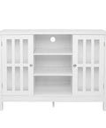 Forty Three Inch Solid Wood Kitchen Credenza Sideboard Buffet Cabinet With Sleek Metal Knobs showcasing a white finish and open shelves.